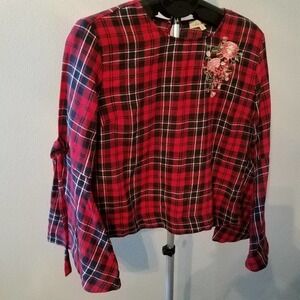 🦋 Love Notes Red Plaid Embroidered Bell Sleeve Top Medium